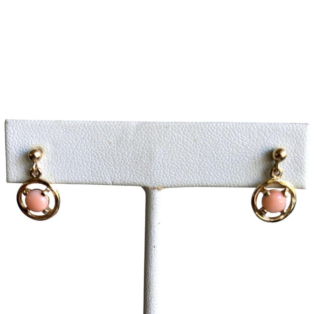 14K Gold Pink Coral Drop Earrings Angel Skin Cabochon Petite Dangle Vintage
